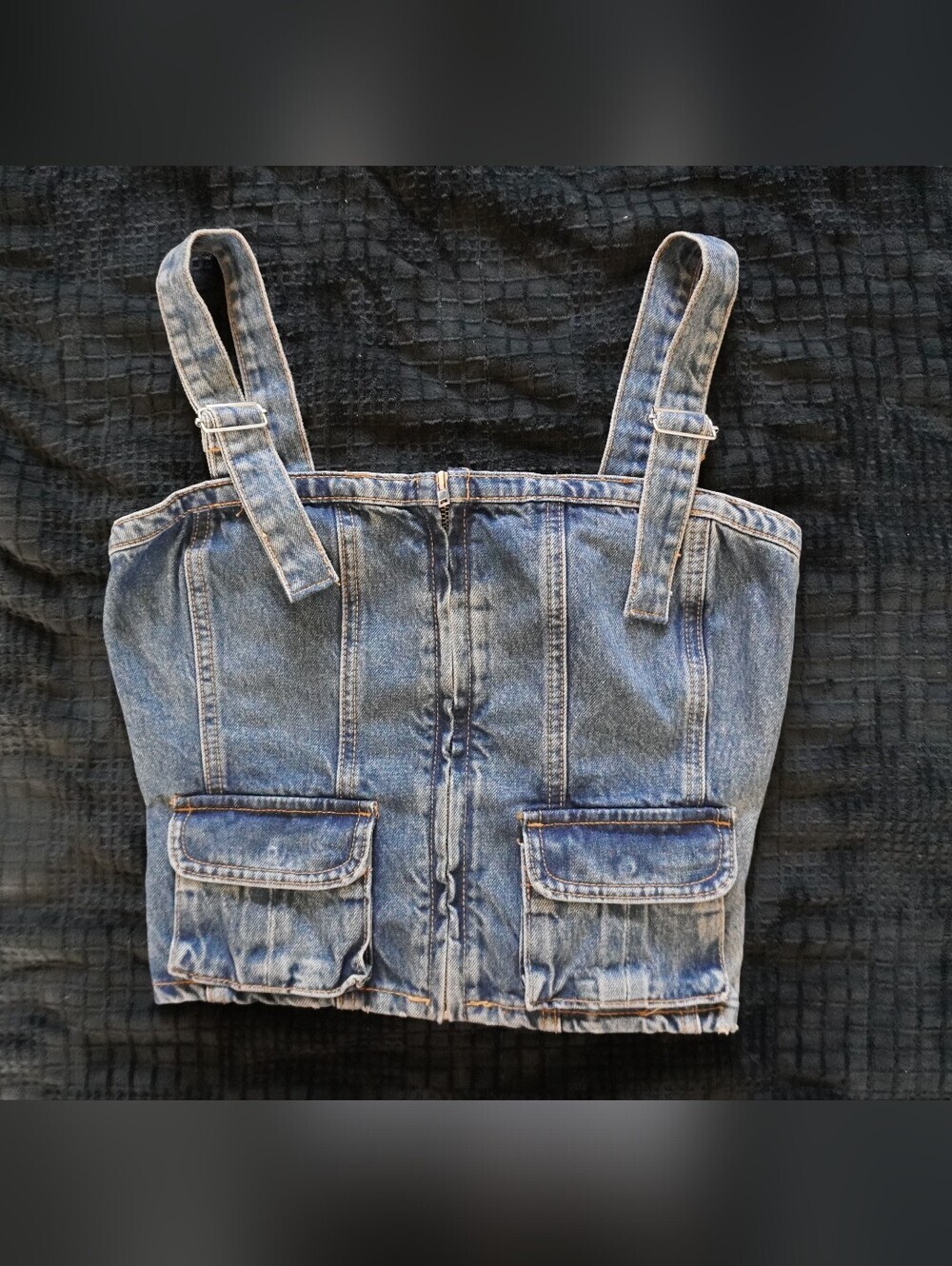 ZARA Denim Corset Crop Top Zip-Front Cargo Bustier Med Wash Size M NWT